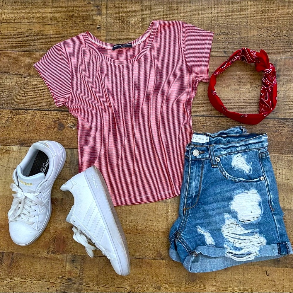 BRANDY MELVILLE Red + White Striped Stretchy Tee